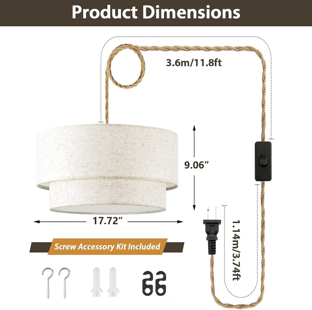 Alt view image 3 of 7 - Plug in Pendant Light, 2-Tier Drum Linen Pendant Lights with 15.7FT Handmade Woven Light Cord17.7" Plug in Chandelier for Dining Room Kitchen Island and Bedroom