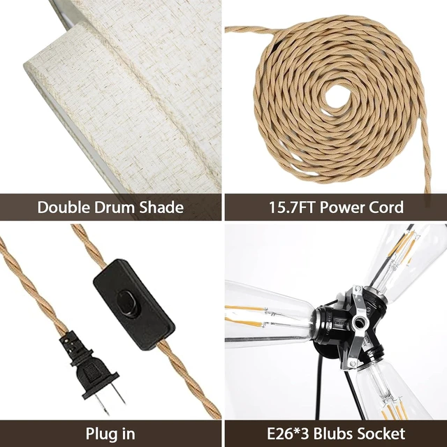 Alt view image 4 of 7 - Plug in Pendant Light, 2-Tier Drum Linen Pendant Lights with 15.7FT Handmade Woven Light Cord17.7" Plug in Chandelier for Dining Room Kitchen Island and Bedroom