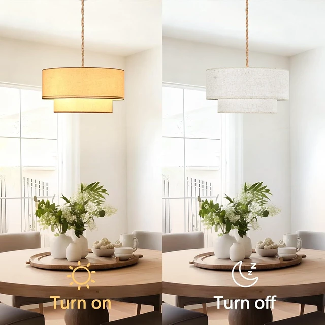 Alt view image 5 of 7 - Plug in Pendant Light, 2-Tier Drum Linen Pendant Lights with 15.7FT Handmade Woven Light Cord17.7" Plug in Chandelier for Dining Room Kitchen Island and Bedroom