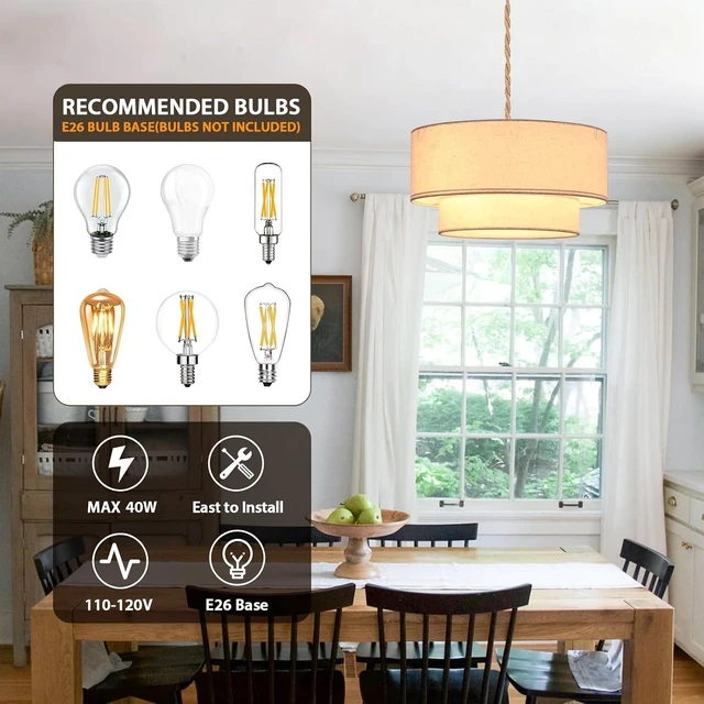 Alt view image 6 of 7 - Plug in Pendant Light, 2-Tier Drum Linen Pendant Lights with 15.7FT Handmade Woven Light Cord17.7" Plug in Chandelier for Dining Room Kitchen Island and Bedroom
