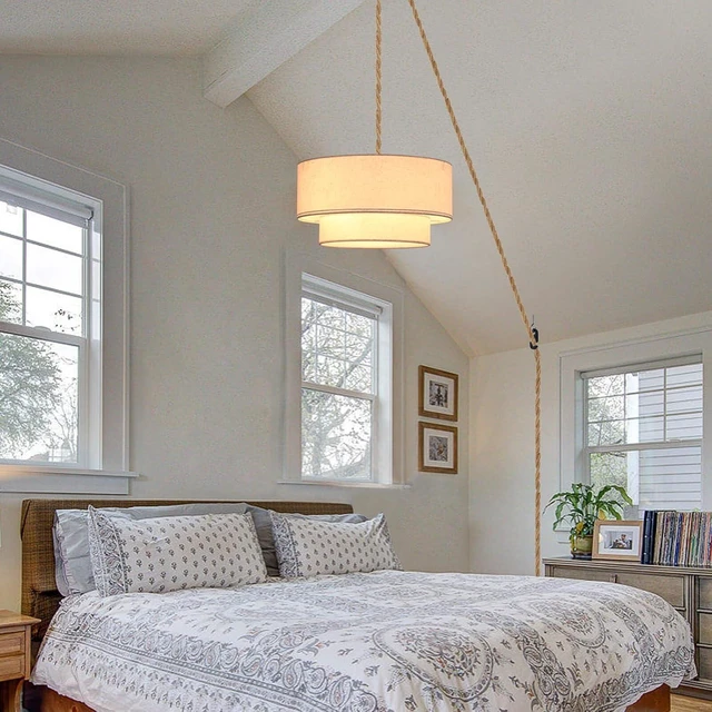 Alt view image 7 of 7 - Plug in Pendant Light, 2-Tier Drum Linen Pendant Lights with 15.7FT Handmade Woven Light Cord17.7" Plug in Chandelier for Dining Room Kitchen Island and Bedroom