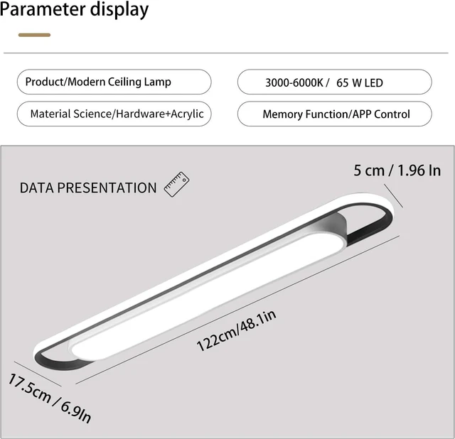 Alt view image 5 of 7 - 4Ft Modern Smart LED Linear Ceiling Lights Dimmable LED Ceiling Lamp with Remote Control,65W Metal/Acrylic Flush Mount Ceiling Lighting Fixtures for Kitchen Living Room Kitchen Dining Room (48")