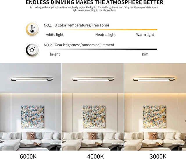Alt view image 6 of 7 - 4Ft Modern Smart LED Linear Ceiling Lights Dimmable LED Ceiling Lamp with Remote Control,65W Metal/Acrylic Flush Mount Ceiling Lighting Fixtures for Kitchen Living Room Kitchen Dining Room (48")