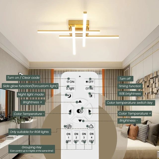 Alt view image 6 of 7 - CANEOE Modern Ceiling Light Fixture, Gold Dimmable Close to Ceiling Light with Remote Control,Sputnik Flush Mount Ceiling Lamp for Bedroom Living Room Kitchen Modern Chandelier Light Fixture Ceiling