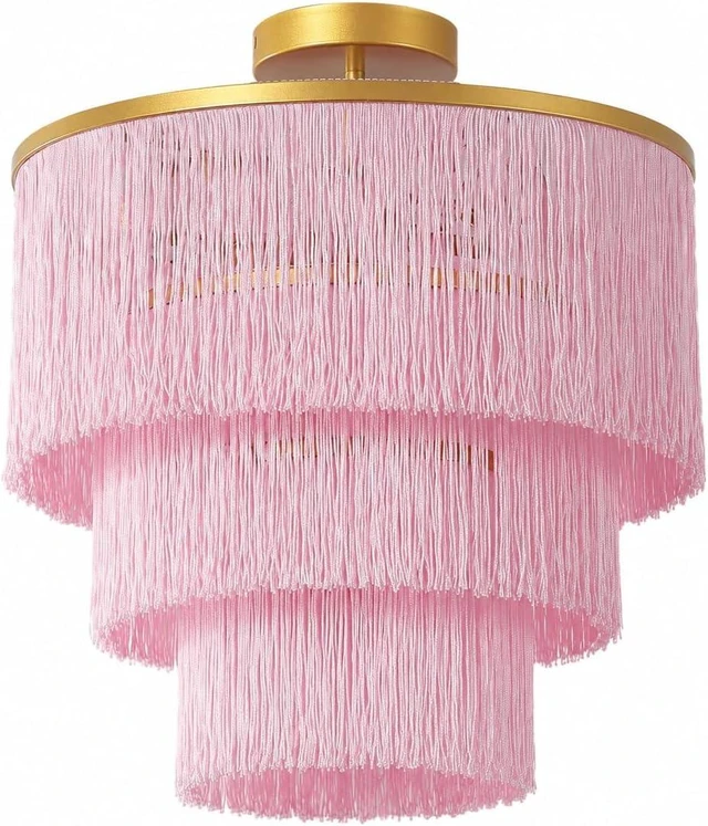Main image of 3-Tiered Pink Chandelier,3 Lights Boho Fringe Pendant Light Fixture,Tassle Chandelier for entryway,Dining Room,Baby Nursery,Gold and Pink