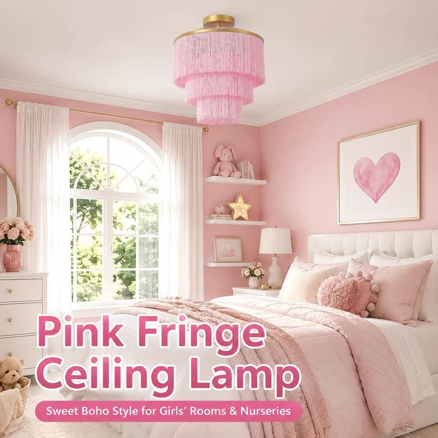 Alt view image 2 of 7 - 3-Tiered Pink Chandelier,3 Lights Boho Fringe Pendant Light Fixture,Tassle Chandelier for entryway,Dining Room,Baby Nursery,Gold and Pink