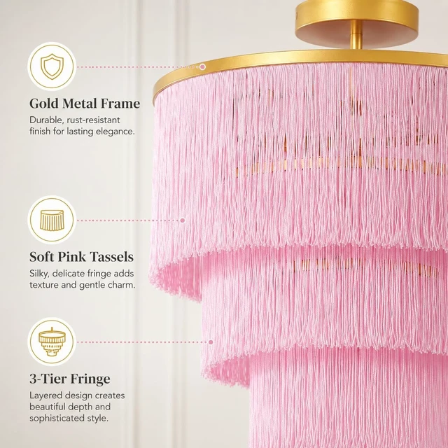 Alt view image 3 of 7 - 3-Tiered Pink Chandelier,3 Lights Boho Fringe Pendant Light Fixture,Tassle Chandelier for entryway,Dining Room,Baby Nursery,Gold and Pink