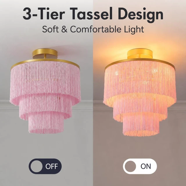 Alt view image 4 of 7 - 3-Tiered Pink Chandelier,3 Lights Boho Fringe Pendant Light Fixture,Tassle Chandelier for entryway,Dining Room,Baby Nursery,Gold and Pink