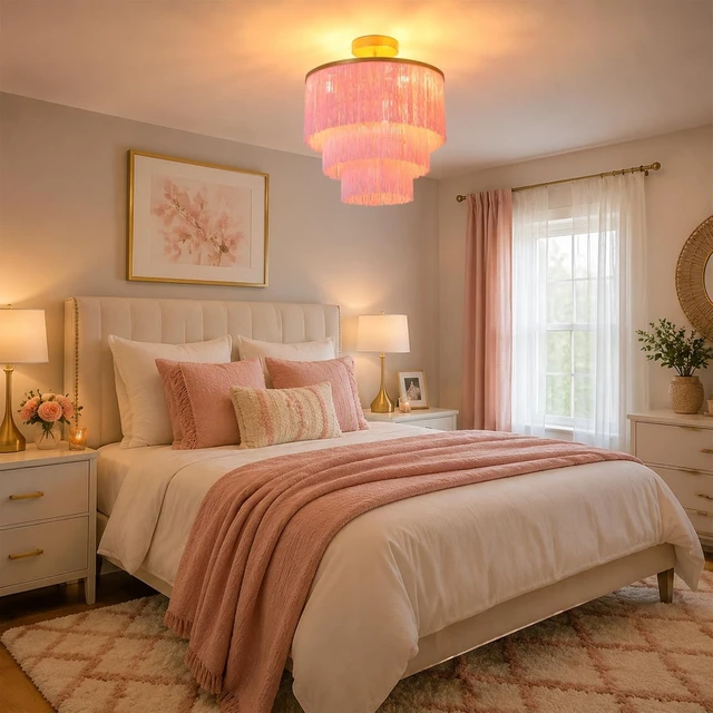 Alt view image 5 of 7 - 3-Tiered Pink Chandelier,3 Lights Boho Fringe Pendant Light Fixture,Tassle Chandelier for entryway,Dining Room,Baby Nursery,Gold and Pink