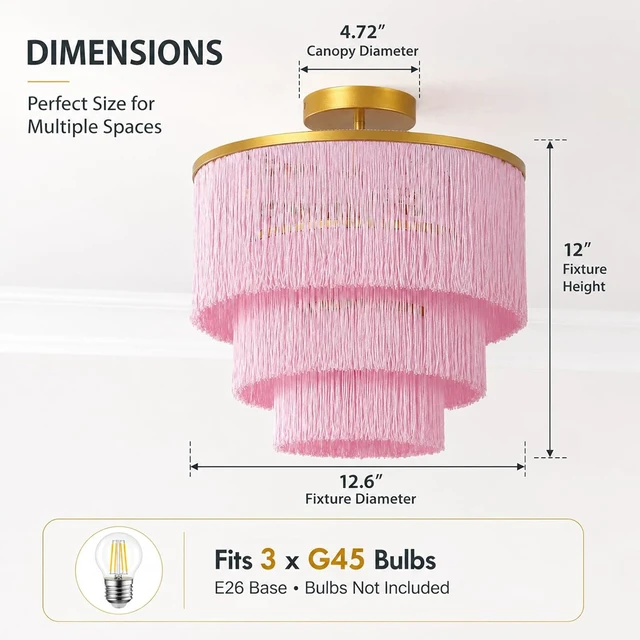 Alt view image 6 of 7 - 3-Tiered Pink Chandelier,3 Lights Boho Fringe Pendant Light Fixture,Tassle Chandelier for entryway,Dining Room,Baby Nursery,Gold and Pink