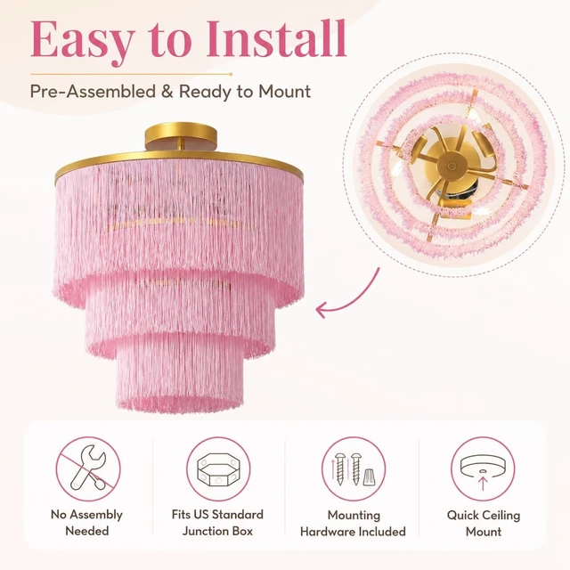 Alt view image 7 of 7 - 3-Tiered Pink Chandelier,3 Lights Boho Fringe Pendant Light Fixture,Tassle Chandelier for entryway,Dining Room,Baby Nursery,Gold and Pink