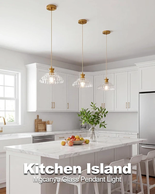 Alt view image 3 of 7 - Glass Pendant Lights Kitchen Island, 11.8" Vintage Lighting Glass Light Fixtures Brushed Gold Modern Glass Chandelier Hanging Ceiling for Dining Living Room Restaurant Bedroom Foyer Entryway