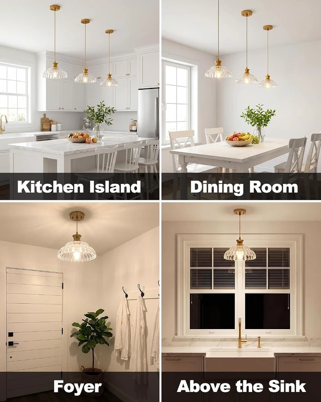 Alt view image 4 of 7 - Glass Pendant Lights Kitchen Island, 11.8" Vintage Lighting Glass Light Fixtures Brushed Gold Modern Glass Chandelier Hanging Ceiling for Dining Living Room Restaurant Bedroom Foyer Entryway