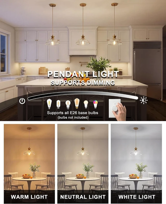 Alt view image 5 of 7 - Glass Pendant Lights Kitchen Island, 11.8" Vintage Lighting Glass Light Fixtures Brushed Gold Modern Glass Chandelier Hanging Ceiling for Dining Living Room Restaurant Bedroom Foyer Entryway