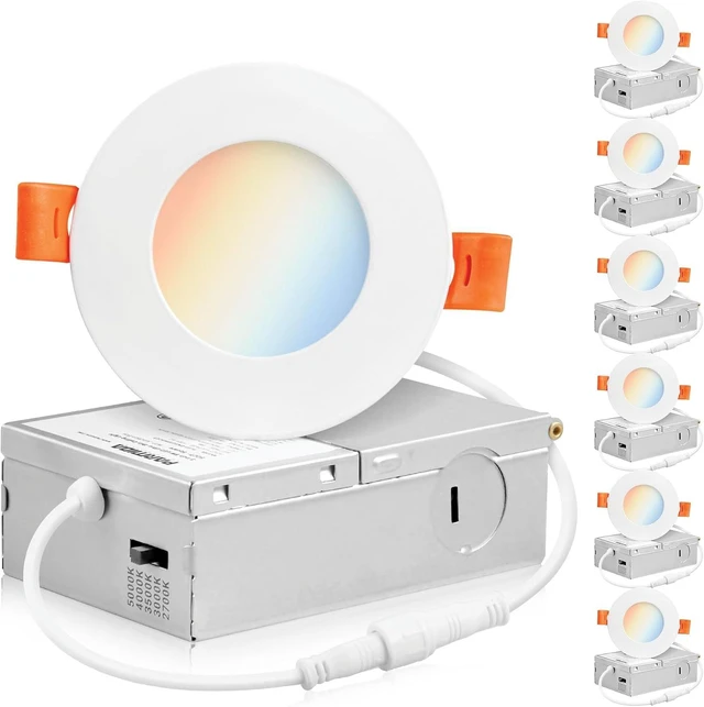Main image of PARMIDA (6 Pack) 3 Inch 5CCT Ultra-Thin LED Recessed Ceiling Light with Junction Box, 5 Color Selectable 2700K/3000K/3500K/4000K/5000K, 8W, Dimmable Canless Wafer Slim Panel Downlight, IC Rated, ETL
