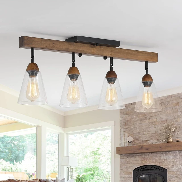 Main image of 4-Light Large Rustic Farmhouse Wood Flush Mount Ceiling Light Fixture Clear Seeded Glass Shade and Oak Wood Track Semi Flush Mount Ceiling Light for Kitchen Living Room Bedroom Indoor, Black