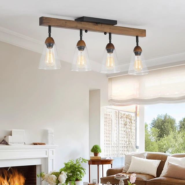 Alt view image 3 of 7 - 4-Light Large Rustic Farmhouse Wood Flush Mount Ceiling Light Fixture Clear Seeded Glass Shade and Oak Wood Track Semi Flush Mount Ceiling Light for Kitchen Living Room Bedroom Indoor, Black