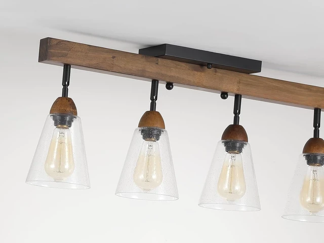 Alt view image 5 of 7 - 4-Light Large Rustic Farmhouse Wood Flush Mount Ceiling Light Fixture Clear Seeded Glass Shade and Oak Wood Track Semi Flush Mount Ceiling Light for Kitchen Living Room Bedroom Indoor, Black