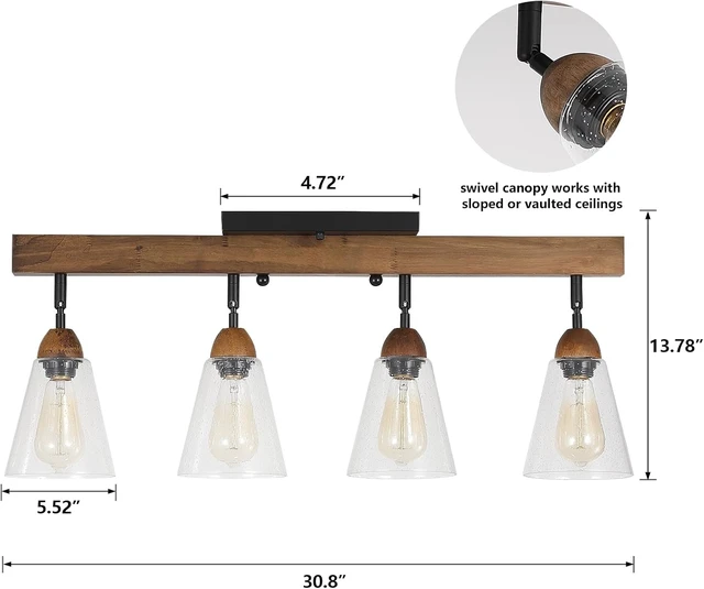 Alt view image 4 of 7 - 4-Light Large Rustic Farmhouse Wood Flush Mount Ceiling Light Fixture Clear Seeded Glass Shade and Oak Wood Track Semi Flush Mount Ceiling Light for Kitchen Living Room Bedroom Indoor, Black