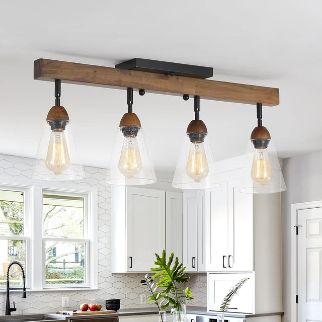 Alt view image 7 of 7 - 4-Light Large Rustic Farmhouse Wood Flush Mount Ceiling Light Fixture Clear Seeded Glass Shade and Oak Wood Track Semi Flush Mount Ceiling Light for Kitchen Living Room Bedroom Indoor, Black