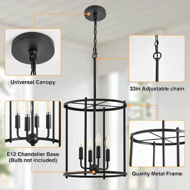 Alt view image 3 of 7 - Luvkczc 4-Light Black Chandelier, Adjustable Lantern Ceiling Light Fixture