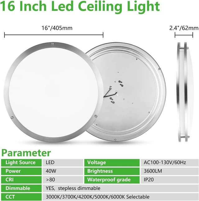 Alt view image 2 of 7 - 1PK 16 Inch Dimmable LED Ceiling Light,Brushed Nickel,5CCT,40W 3600LM