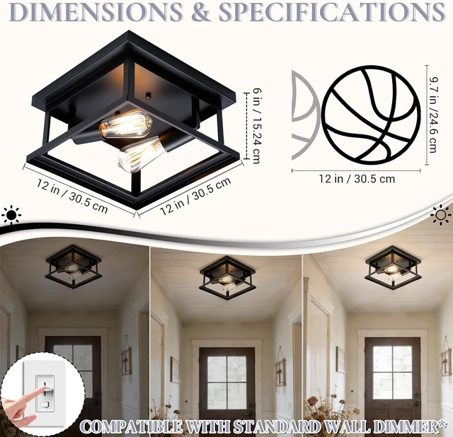 Alt view image 3 of 7 - Hamilyeah Black Flush Mount Ceiling Light Fixture Bedroom, Farmhouse Kitchen Lights Ceiling, Outdoor Close to Ceiling Light Fixtures for Porch Patio Hallway