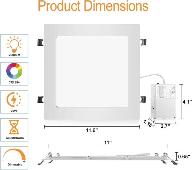 Alt view image 4 of 7 - LZHOME 4-Packs 11 inch Square Recessed Light: 3 Color Temperature Selectable & Dimmable Lamp, 2200 Lumens Ultra Thin Led Canless Downlight Lighting with Junction Box, 26W Eqv 230W