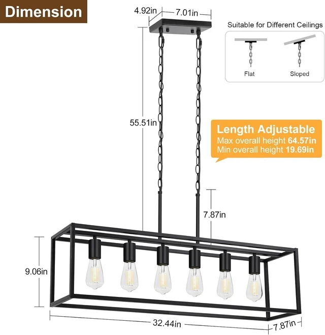 Alt view image 2 of 7 - 6 Light Black Chandeliers for Dining Room, Adjustable Height Linear Chandelier Kitchen Light Fixture, Modern Farmhouse Chandelier Rectangle Island Light for Kitchen Hanging Light Fixtures