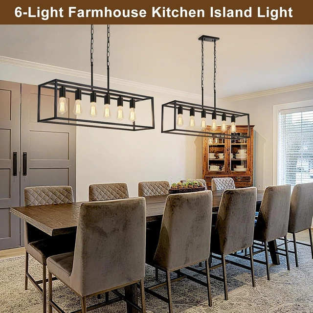 Alt view image 7 of 7 - 6 Light Black Chandeliers for Dining Room, Adjustable Height Linear Chandelier Kitchen Light Fixture, Modern Farmhouse Chandelier Rectangle Island Light for Kitchen Hanging Light Fixtures