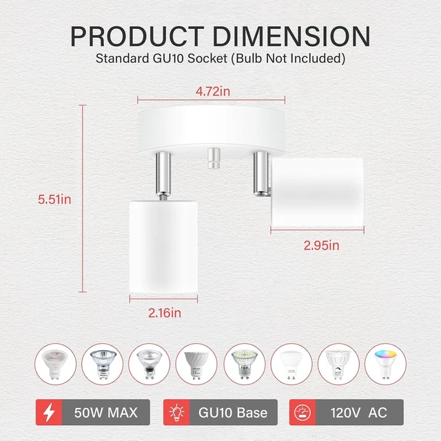 Alt view image 3 of 7 - AUQUEE LED 2 Light Track Lighting Kit, LED Track Lighting Fixtures, White Round Ceiling Spot Lighting, Flexibly Rotatable Light Head for Kitchen, Living Room, Bedroom, GU10 Bulb Not Included