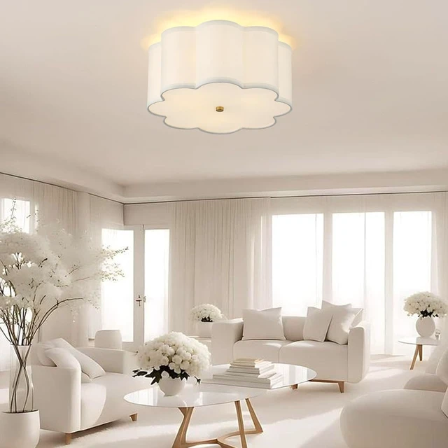 Alt view image 3 of 7 - 13.4"Semi Flush Mount Ceiling Light Fixture, 3-Light Modern Close to Ceiling Light With Fabric Flower-Shaped Shade, Light Fixtures Ceiling Mount for Bedroom Nursery Kids Room Living Room(Gold)
