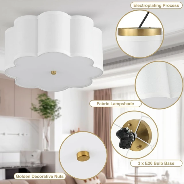 Alt view image 4 of 7 - 13.4"Semi Flush Mount Ceiling Light Fixture, 3-Light Modern Close to Ceiling Light With Fabric Flower-Shaped Shade, Light Fixtures Ceiling Mount for Bedroom Nursery Kids Room Living Room(Gold)