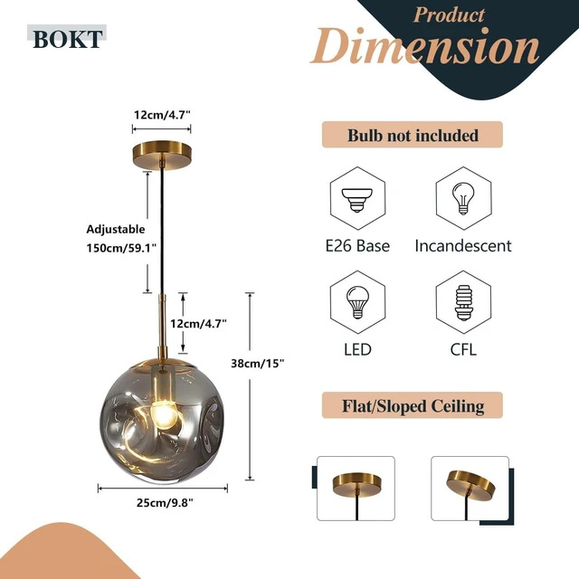 Alt view image 2 of 7 - BOKT 1-Light Large Brass Gold Globe Pendant Light Mid Century Smoke Gray Glass Pendant Lighting Kitchen Island Ceiling Hanging Light Fixture Modern Chandelier Pendant Light (9.8-Smoke Gray)