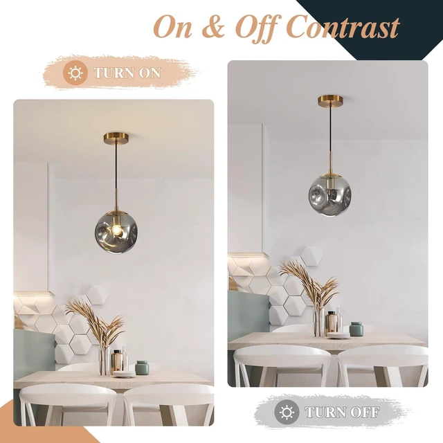 Alt view image 4 of 7 - BOKT 1-Light Large Brass Gold Globe Pendant Light Mid Century Smoke Gray Glass Pendant Lighting Kitchen Island Ceiling Hanging Light Fixture Modern Chandelier Pendant Light (9.8-Smoke Gray)