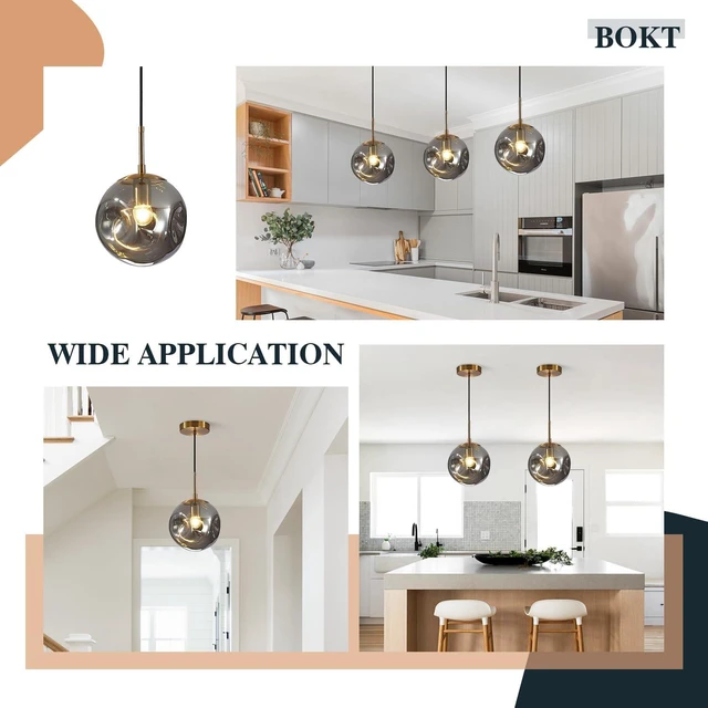 Alt view image 5 of 7 - BOKT 1-Light Large Brass Gold Globe Pendant Light Mid Century Smoke Gray Glass Pendant Lighting Kitchen Island Ceiling Hanging Light Fixture Modern Chandelier Pendant Light (9.8-Smoke Gray)