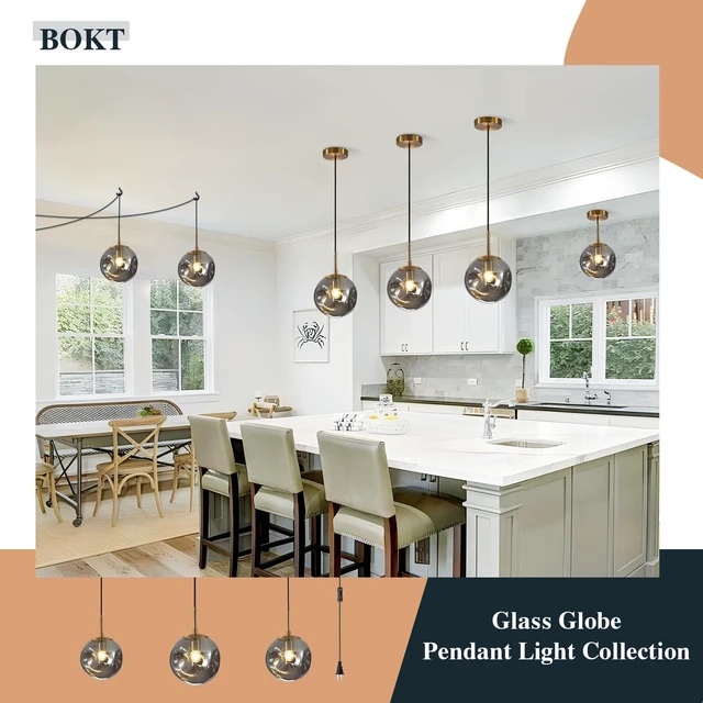 Alt view image 6 of 7 - BOKT 1-Light Large Brass Gold Globe Pendant Light Mid Century Smoke Gray Glass Pendant Lighting Kitchen Island Ceiling Hanging Light Fixture Modern Chandelier Pendant Light (9.8-Smoke Gray)