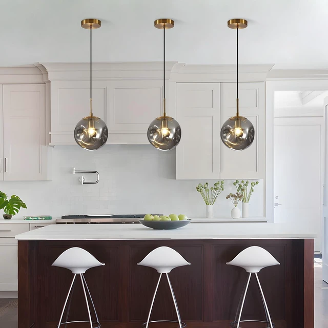 Alt view image 7 of 7 - BOKT 1-Light Large Brass Gold Globe Pendant Light Mid Century Smoke Gray Glass Pendant Lighting Kitchen Island Ceiling Hanging Light Fixture Modern Chandelier Pendant Light (9.8-Smoke Gray)