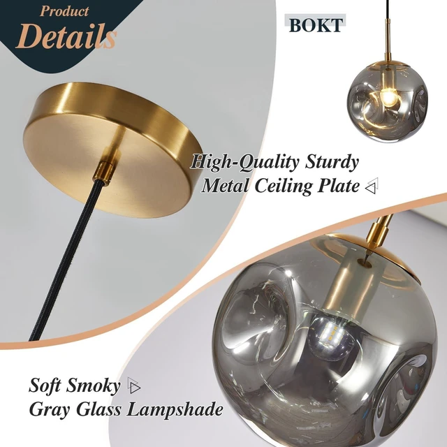 Alt view image 3 of 7 - BOKT 1-Light Large Brass Gold Globe Pendant Light Mid Century Smoke Gray Glass Pendant Lighting Kitchen Island Ceiling Hanging Light Fixture Modern Chandelier Pendant Light (9.8-Smoke Gray)