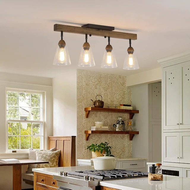 Alt view image 2 of 7 - 4-Light Large Rustic Farmhouse Wood Flush Mount Ceiling Light Fixture Clear Seeded Glass Shade and Oak Wood Track Semi Flush Mount Ceiling Light for Kitchen Living Room Bedroom Indoor, Black