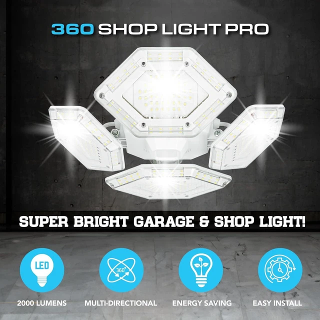 Alt view image 2 of 6 - QUADBURST SHOPLIGHT PRO 360 LED - 8000 Lumens, 60 Watts - Bright Garage Light, Adjustable Panels Ceiling Fixture, Energy Saving LED Lighting for Workshop, Basement & Home improvement - As Seen on TV