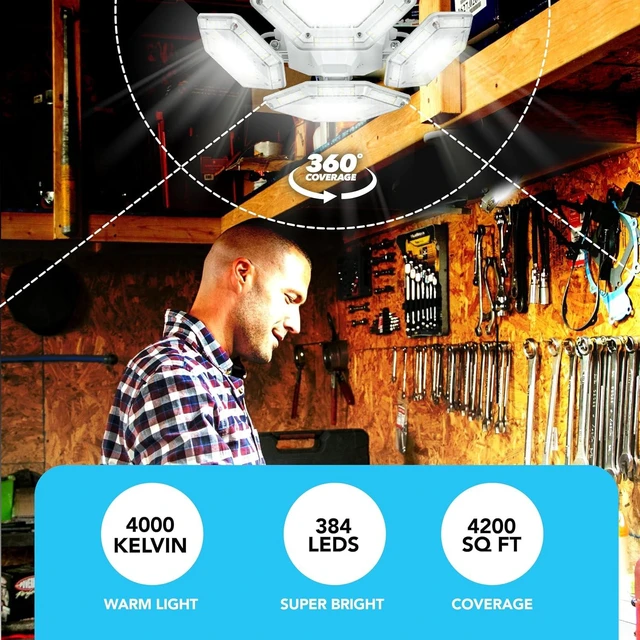 Alt view image 4 of 6 - QUADBURST SHOPLIGHT PRO 360 LED - 8000 Lumens, 60 Watts - Bright Garage Light, Adjustable Panels Ceiling Fixture, Energy Saving LED Lighting for Workshop, Basement & Home improvement - As Seen on TV