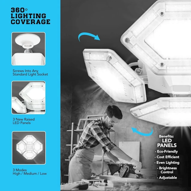 Alt view image 5 of 6 - QUADBURST SHOPLIGHT PRO 360 LED - 8000 Lumens, 60 Watts - Bright Garage Light, Adjustable Panels Ceiling Fixture, Energy Saving LED Lighting for Workshop, Basement & Home improvement - As Seen on TV