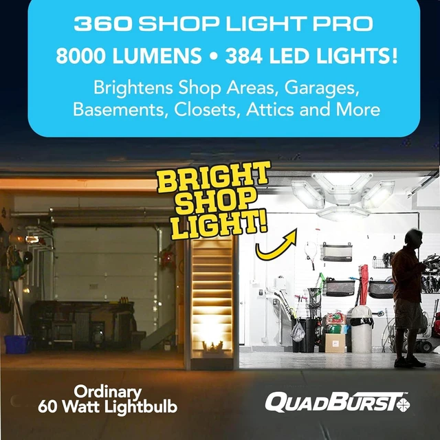 Alt view image 6 of 6 - QUADBURST SHOPLIGHT PRO 360 LED - 8000 Lumens, 60 Watts - Bright Garage Light, Adjustable Panels Ceiling Fixture, Energy Saving LED Lighting for Workshop, Basement & Home improvement - As Seen on TV