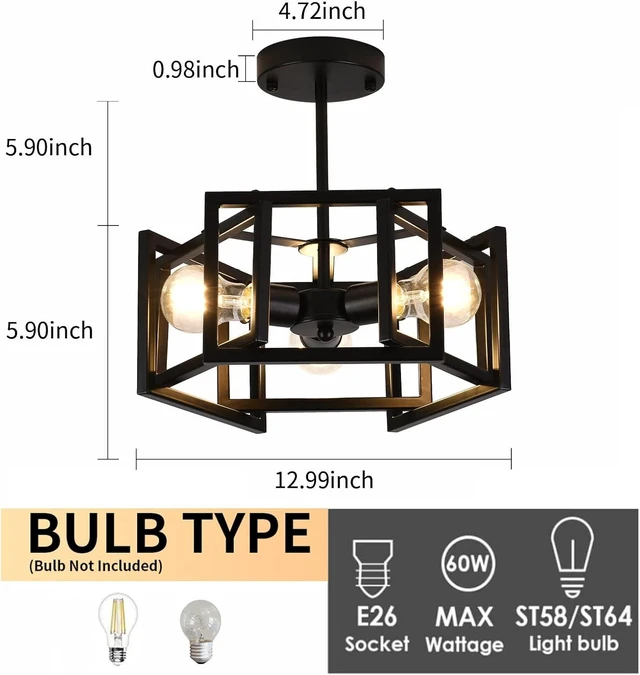 Alt view image 2 of 7 - Semi Flush Mount Ceiling Light Fixture,3-Light Black Light fixtures Kitchen Ceiling Light Fixture for Hallway Kitchen Bedroom Living Room Bathroom Entrance