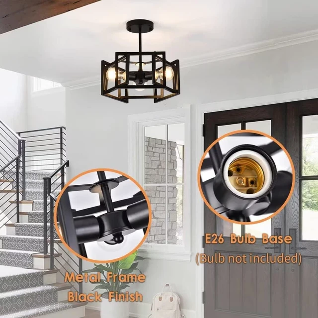 Alt view image 5 of 7 - Semi Flush Mount Ceiling Light Fixture,3-Light Black Light fixtures Kitchen Ceiling Light Fixture for Hallway Kitchen Bedroom Living Room Bathroom Entrance