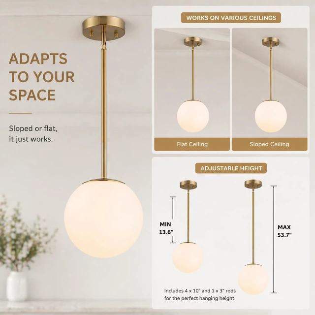 Alt view image 2 of 7 - Gold Globe Pendant Light, Opal Glass, Mid Century, Kitchen Island, 3 Pack