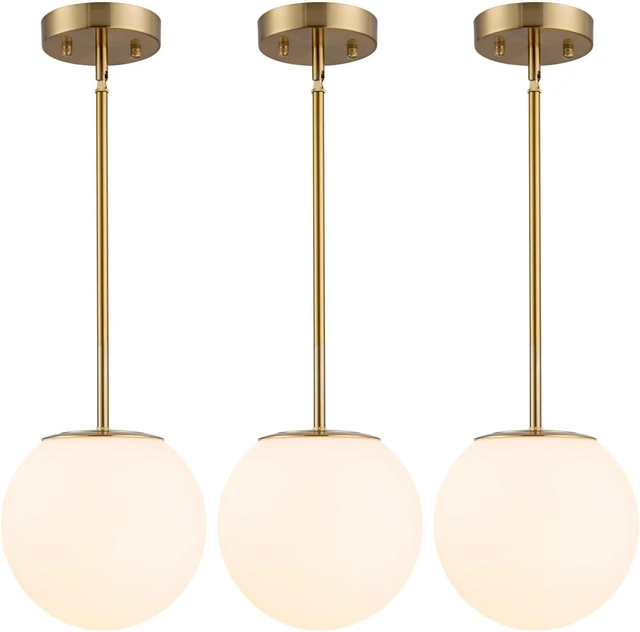 Main image of Gold Globe Pendant Light, Opal Glass, Mid Century, Kitchen Island, 3 Pack