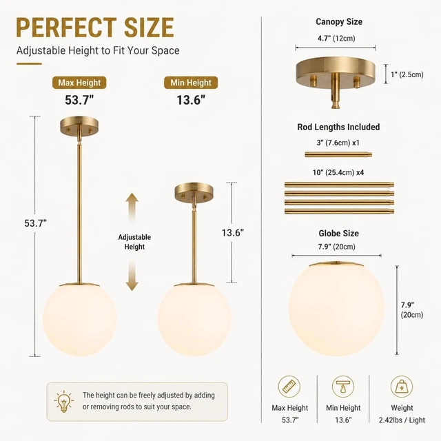 Alt view image 3 of 7 - Gold Globe Pendant Light, Opal Glass, Mid Century, Kitchen Island, 3 Pack