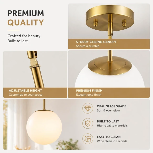 Alt view image 4 of 7 - Gold Globe Pendant Light, Opal Glass, Mid Century, Kitchen Island, 3 Pack